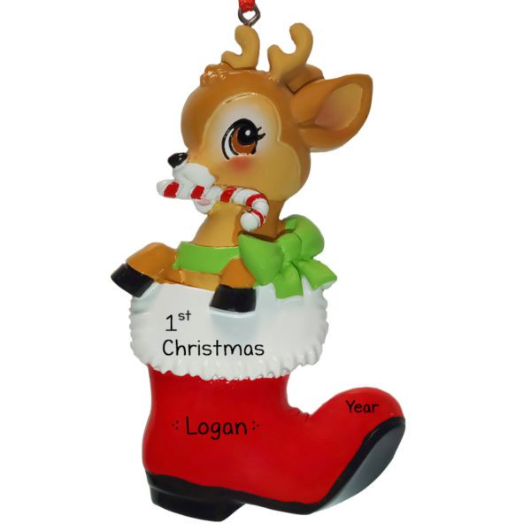 Personalized Baby Deer In RED Boot 1st Christmas Ornament