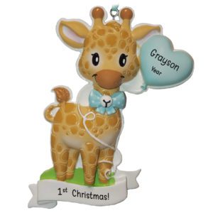 Personalized Baby BOY'S 1st Christmas Giraffe And Heart Ornament BLUE