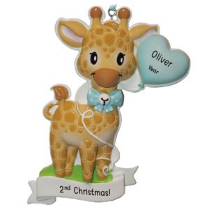 Image of Personalized Baby BOY'S 2nd Christmas Giraffe And Heart Ornament BLUE
