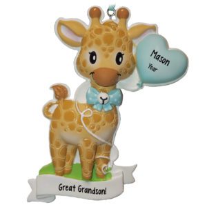 Personalized Great Grandson Giraffe And Heart Ornament BLUE