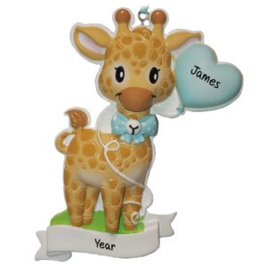 Personalized Little Boy Giraffe Holding Heart Balloon Ornament BLUE