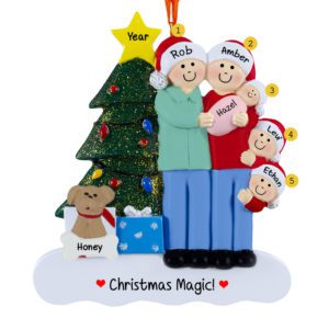 Image of Personalized Family Of 5 With Baby GIRL With Pet Glittered Tree Ornament