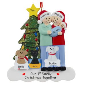 1st Christmas Together Baby BOY Family Of 3 With 3 Pets Tree Ornament