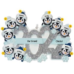 Image of Personalized Nine Grandkids Penguins Glittered 2022 Ornament