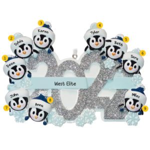 Personalized Work Team Of Nine Penguins Glittered 2022 Ornament