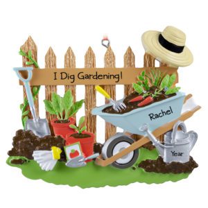 Personalized I Dig Gardening Fence And Wheelbarrow Ornament