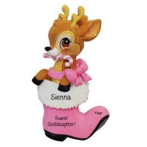 Personalized Sweet Goddaughter Reindeer In PINK Boot Ornament