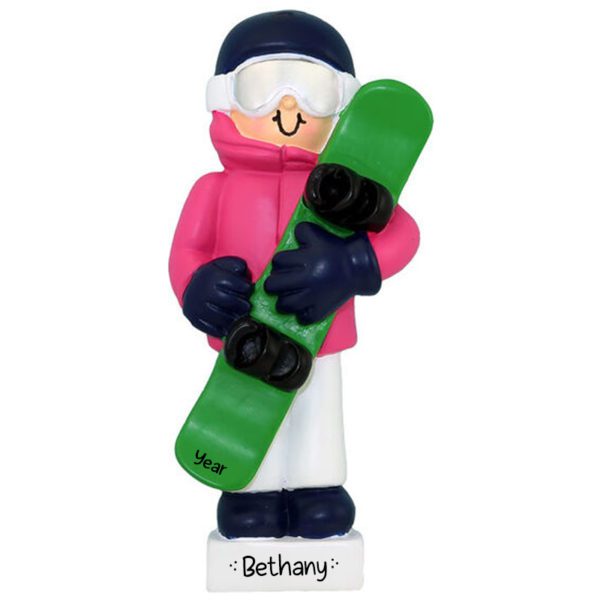 Personalized FEMALE Snowboarder Wearing PINK Jacket Ornament