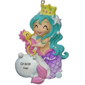 Personalized Adorable Mermaid Princess And Sea Horse Ornament