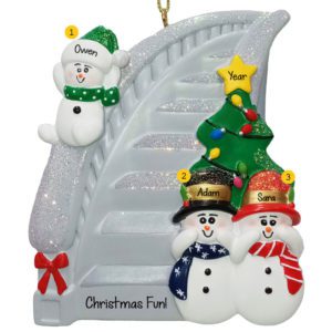 Image of Personalized Family Of Three Sliding Down SILVER Bannister Ornament