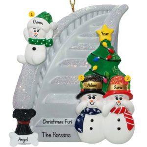 Personalized Family Of Three With Pet Sliding Down SILVER Bannister Ornament