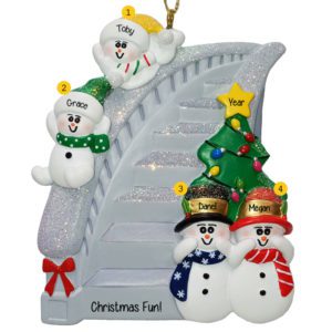Personalized Snowmen Family Of 4 Sliding Down SILVER Bannister Ornament