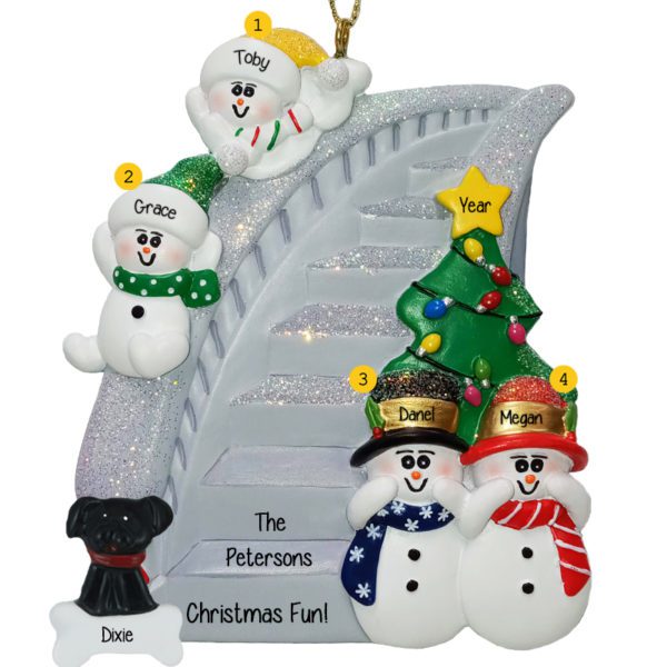 Snowmen Family Of 4  With Pet Sliding Down SILVER Bannister Ornament