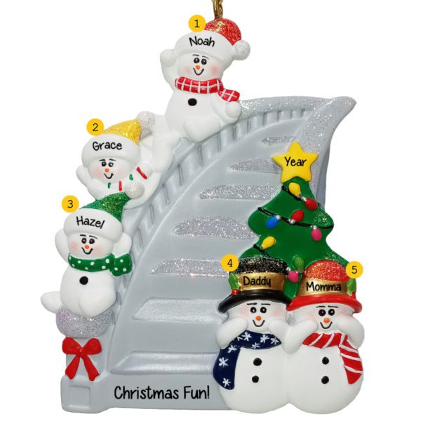 Personalized Snowmen Family Of 5 Sliding Down SILVER Bannister Ornament