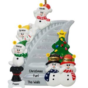 Snowmen Family Of 5 With Pet Sliding Down SILVER Bannister Ornament
