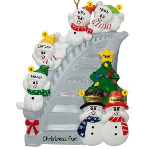 Personalized Family Of 6 Sliding Down SILVER Bannister Ornament