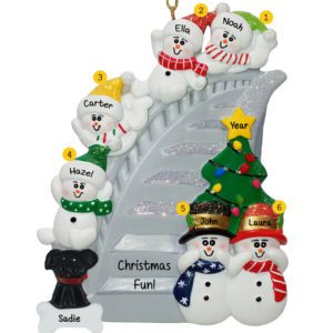 Image of Family Of 6 With Pet Sliding Down SILVER Bannister Ornament