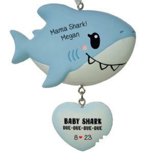 Expecting BOY Mama Shark Dangling Heart Personalized Ornament BLUE