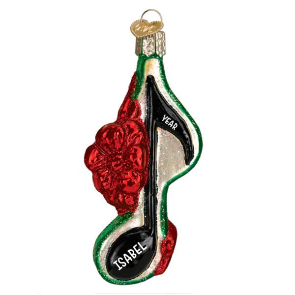 Personalized Music Note With Red Roses Glittered Glass Ornament
