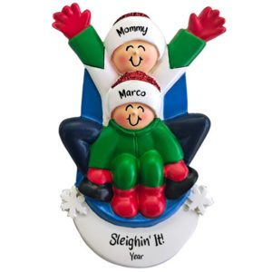 Personalized Mom And Child Sledding Together And Having Fun Ornament
