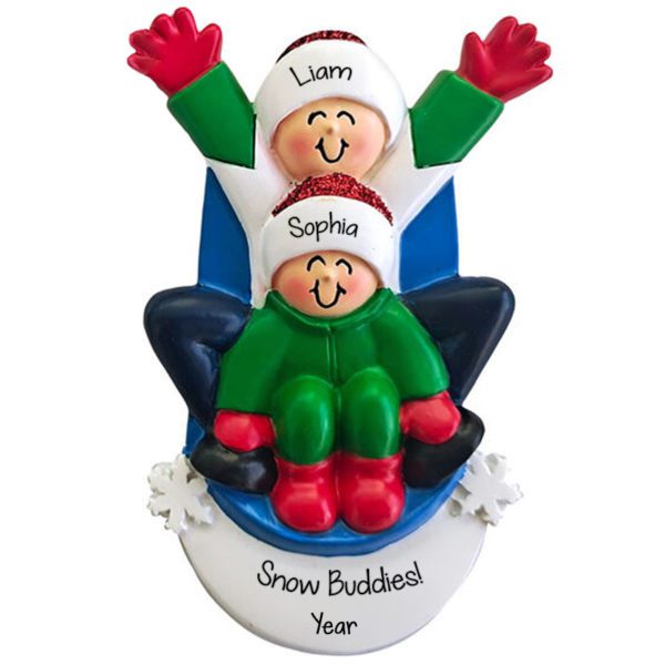 Personalized 2 Kids Sledding Together And Having Fun Ornament