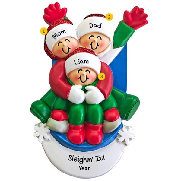 Personalized Family Of Three Sledding Together And Having Fun Ornament
