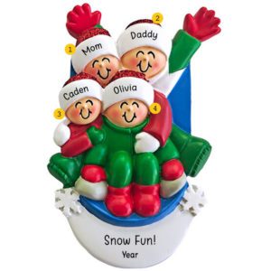 Personalized Family Of Four Sledding Together And Having Fun Ornament