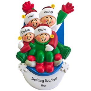 Personalized Parent And 3 Kids Sledding Together And Having Fun Ornament