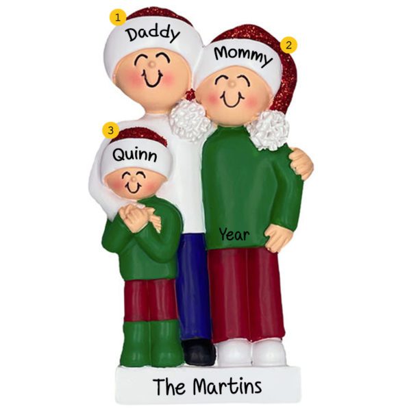 Personalized Hugging Family Of Three Glittered Ornament