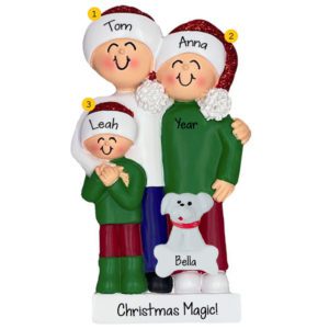 Personalized Hugging Family Of Three With Pet Glittered Ornament
