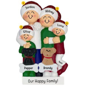 Personalized Hugging Family Of Four With 2 Pets Glittered Ornament