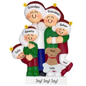 Grandparents And 3 Grandkids Hugging With Pet Ornament