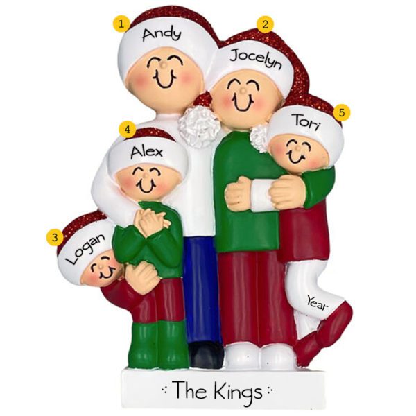 Personalized Hugging Family Of Five Glittered Ornament