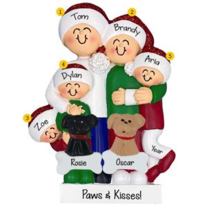 Image of Personalized Hugging Family Of Five With 2 Pets Glittered Ornament