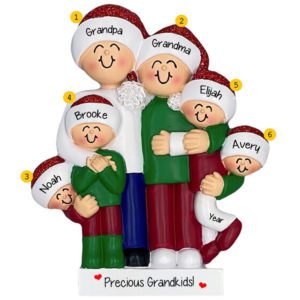 Grandparents With 4 Grandkids Hugging Together Glittered Ornament