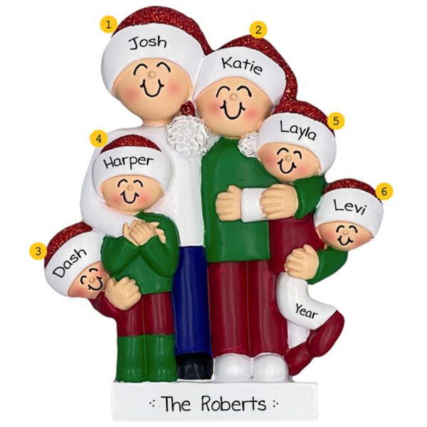 Personalized Hugging Family Of Six Glittered Ornament