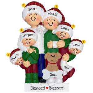 Personalized Hugging Family Of Six With Pet Glittered Ornament