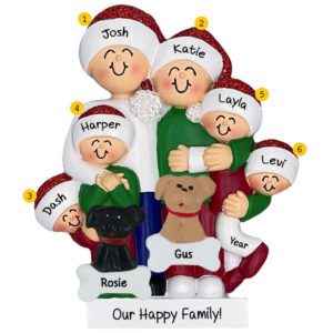 Personalized Hugging Family Of Six With 2 Pets Glittered Ornament