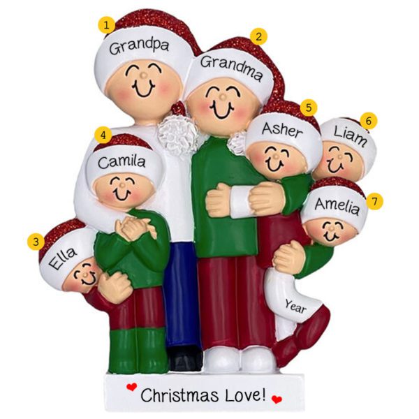 Personalized Grandparents With 5 Grandkids Hugging Together Glittered Ornament