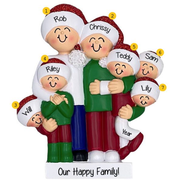 Personalized Hugging Family Of Seven Glittered Ornament