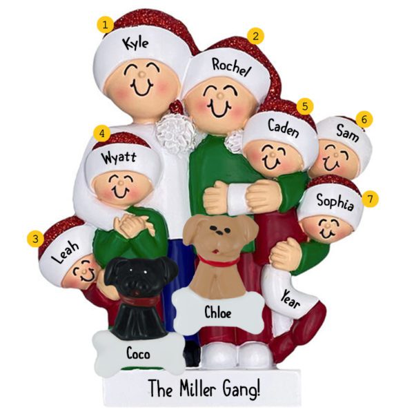 Personalized Hugging Family Of Seven With 2 Pets Glittered Ornament