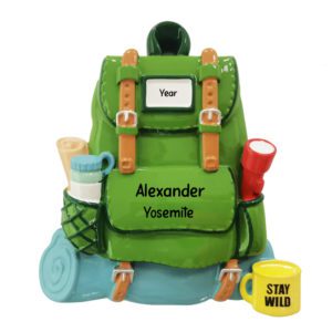 Personalized GREEN Backpack With Camping Gear Ornament