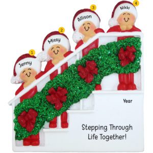 Four Sisters Wearing Jammies On Christmas Stairs Glittered Ornament