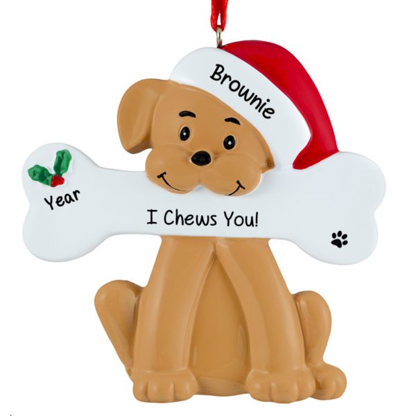 TAN Dog Chewing Bone And Wearing Santa Cap Personalized Ornament