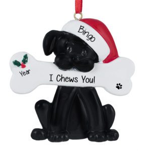 Image of BLACK Dog Holding Bone And Wearing Santa Hat Ornament