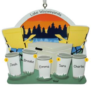 Personalized Family Of Five At Lake Sunset And Chairs Ornament