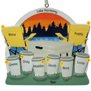 Personalized Family Of Eight  At Lake Sunset And Chairs Ornament