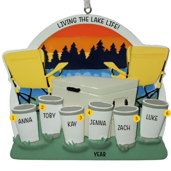 Personalized Family Of Six At Lake Sunset And Chairs Ornament