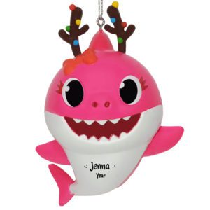 Personalized Mommy Shark Wearing Reindeer Antlers 3-D Ornament PINK