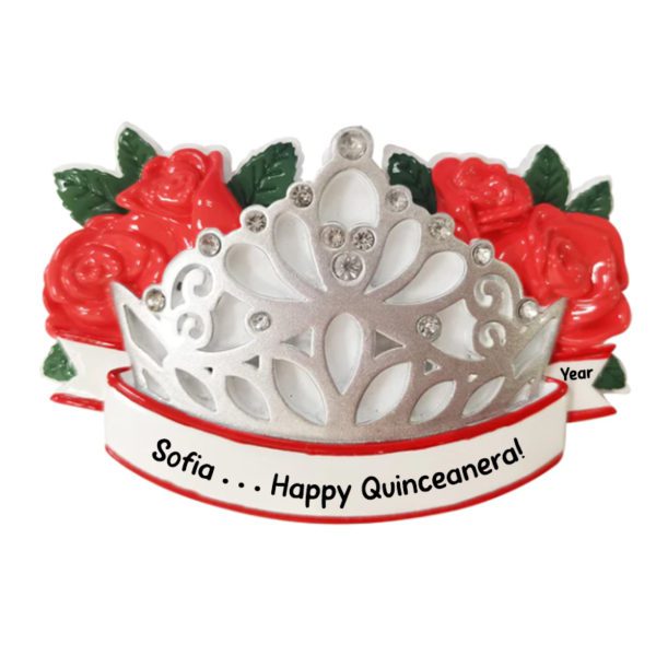Personalized Happy Quinceañera Crown With Roses And Gems Ornament